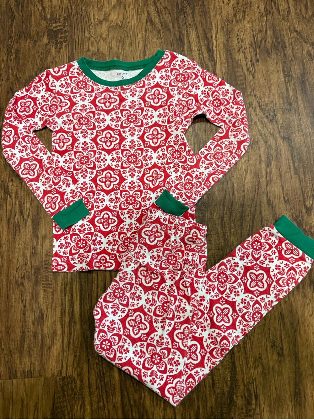 Carter's Christmas Red and White Patterned Kids Pajama Set with Green Trim